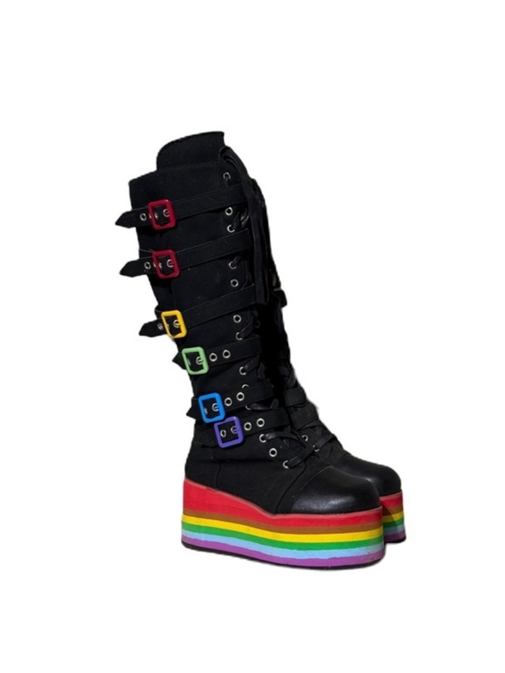 Black Platform Rainbow-Striped Knee-High Boots with Colorful Buckles - Picture 2 of 4
